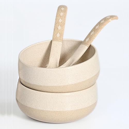 Eha Earth-Friendly Soup Bowls with Spoons | 250 ml | Made with Rice Husk Biocomposite | Microwave Safe Bowl | Serving Bowl Set of 2 | Sand Castle - Image 1