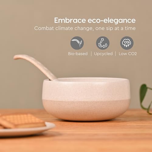 Eha Earth-Friendly Soup Bowls with Spoons | 250 ml | Made with Rice Husk Biocomposite | Microwave Safe Bowl | Serving Bowl Set of 2 | Sand Castle - Image 3