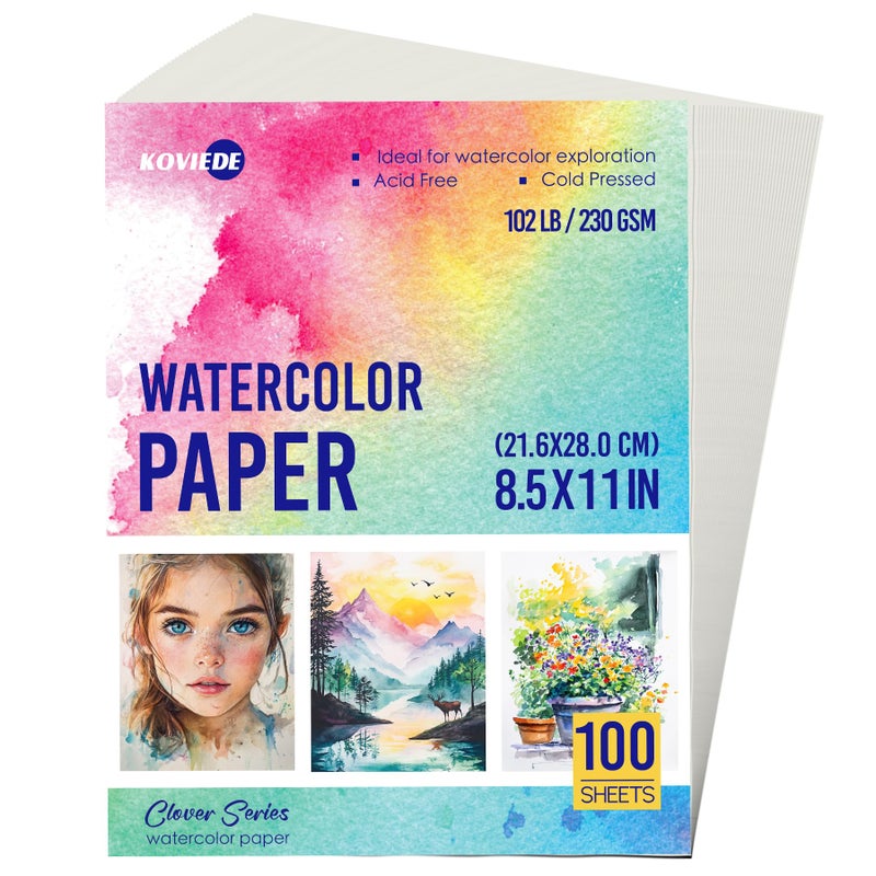 KOVIEDE 100 Sheets Watercolor Paper 8.5x11 Inch 102LB/230GSM Cold Press Practice Paper for Students and Beginners, Acid-Free Heavyweight Art Sheets for Painting, Printing, Scanning & Crafting - Image 1