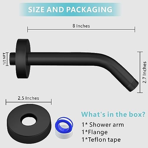 Nuodan Shower Arm with Flange, 8 Inches Wall Mount Replacement Shower Head Arm For Fixed Shower Head and Handheld Showerhead, Matte Black - Image 2