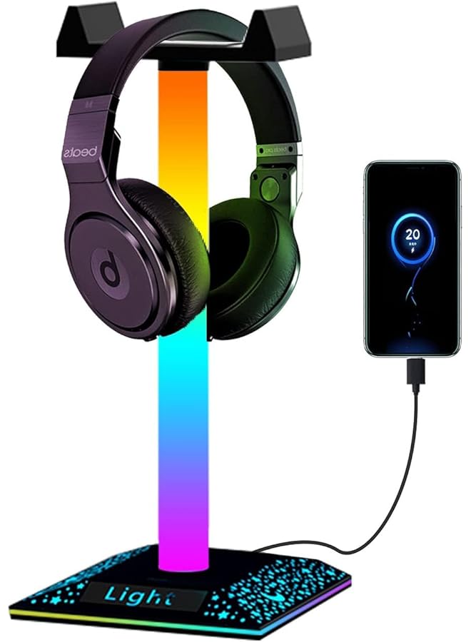 erorex Rgb Light Headphone Stand With Usb Charger Port Desk Gaming Headset Holder Headset Holder Hanger Base For Gamers Desktop Table Game Earphone Accessories - Image 1