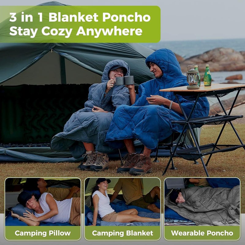 ATEPA Wearable Sleeping Bag, Recycled Insulated Water-Resistant Camping Blanket Poncho, Ultralight Packable Hooded Stadium Blanket for Outdoor Sports Fishing Backpacking Hiking Cold Weather, Blue - Image 3
