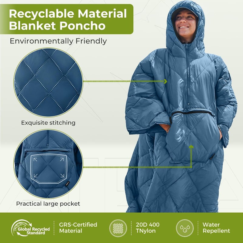 ATEPA Wearable Sleeping Bag, Recycled Insulated Water-Resistant Camping Blanket Poncho, Ultralight Packable Hooded Stadium Blanket for Outdoor Sports Fishing Backpacking Hiking Cold Weather, Blue - Image 4