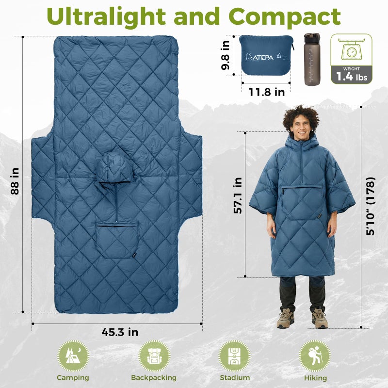 ATEPA Wearable Sleeping Bag, Recycled Insulated Water-Resistant Camping Blanket Poncho, Ultralight Packable Hooded Stadium Blanket for Outdoor Sports Fishing Backpacking Hiking Cold Weather, Blue - Image 5