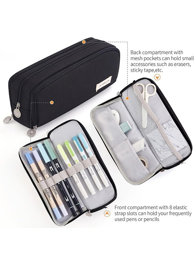 أجريون ​حافظة أقلام كبيرة السعة 3 أقسام كيس حقيبة قلم للمدرسة المراهقين الفتيات الأولاد الرجال النساء، أسود، خفيف الوزن، سفر - Image 2
