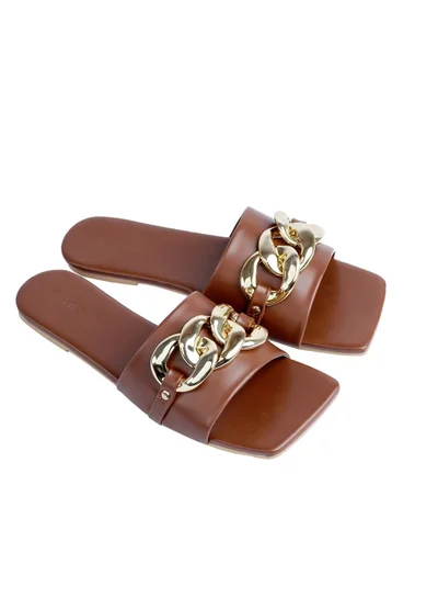AMICA Nora Women's Square Open Flat Slide Leather Sandals with Embellished Trim
