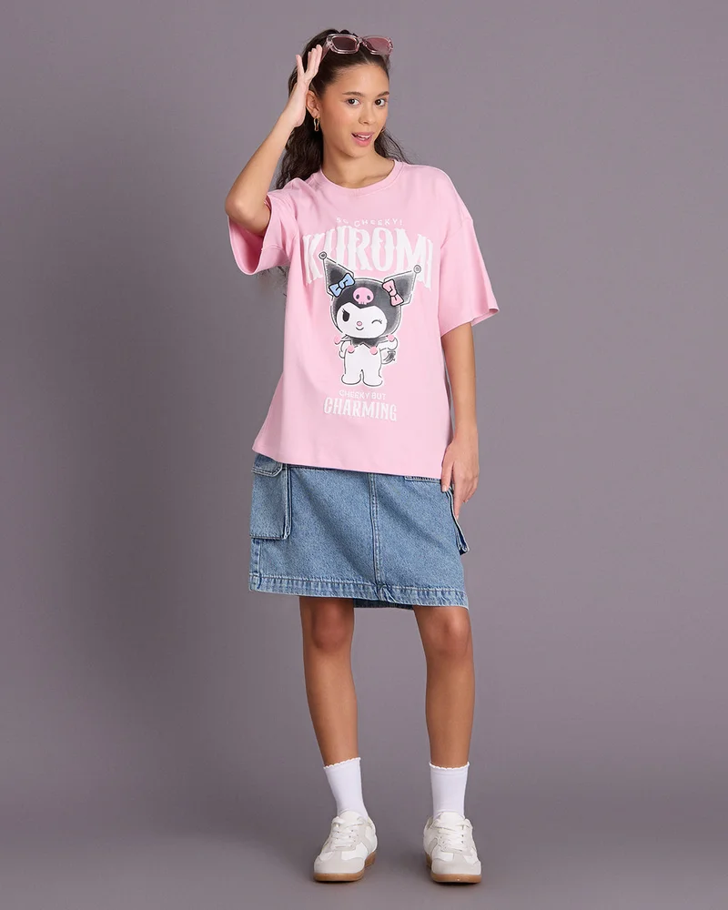 Redtag Senior Girls Pink Kuromi Oversized T Shirt