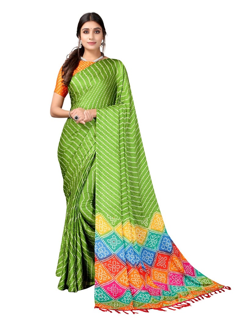 SIRIL Women's Bandhani Printed Silk Saree with Unstitched Blouse Piece(2362S562_Parrot Green) - Image 1