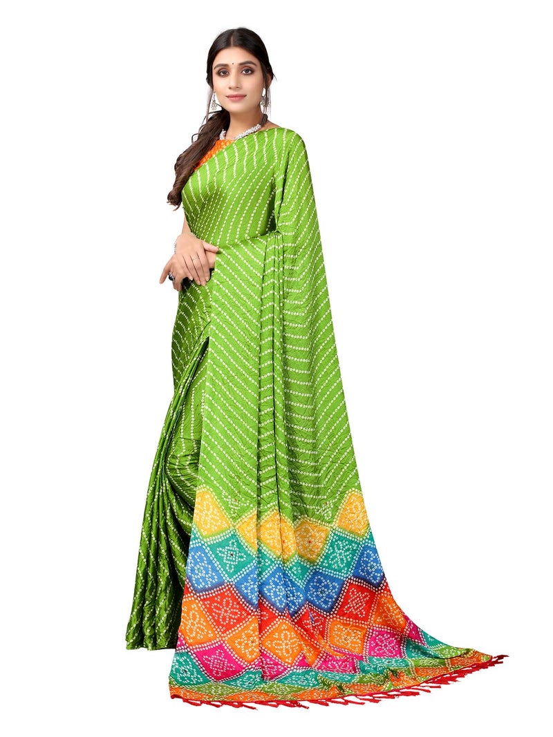 SIRIL Women's Bandhani Printed Silk Saree with Unstitched Blouse Piece(2362S562_Parrot Green) - Image 2