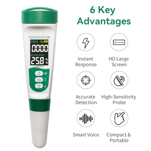 LABART 5-in-1 Digital pH Meter & TDS Tester with Voice Function | EC, Salinity & Temperature Monitor | Waterproof Rechargeable Device for Aquarium, Pool & Drinking Water - Image 4