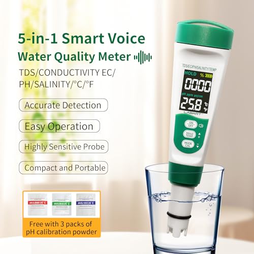 LABART 5-in-1 Digital pH Meter & TDS Tester with Voice Function | EC, Salinity & Temperature Monitor | Waterproof Rechargeable Device for Aquarium, Pool & Drinking Water - Image 3