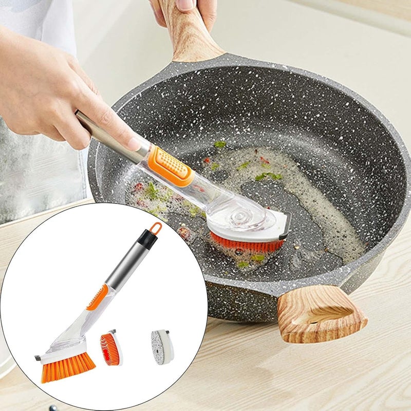klarako 3 in1 Dish Brush Stainless Steel Handle Scrubbing Dish Brushes Dish Soap Control Washing Brush Scrubber for Bowls pan and pot Washing Cleaning, Orange - Image 2
