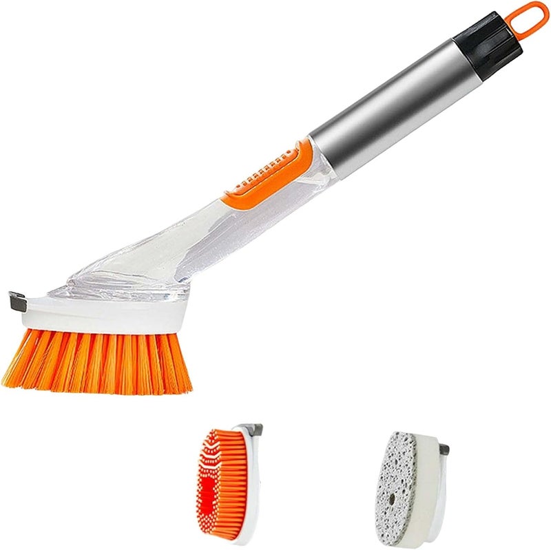 klarako 3 in1 Dish Brush Stainless Steel Handle Scrubbing Dish Brushes Dish Soap Control Washing Brush Scrubber for Bowls pan and pot Washing Cleaning, Orange - Image 1