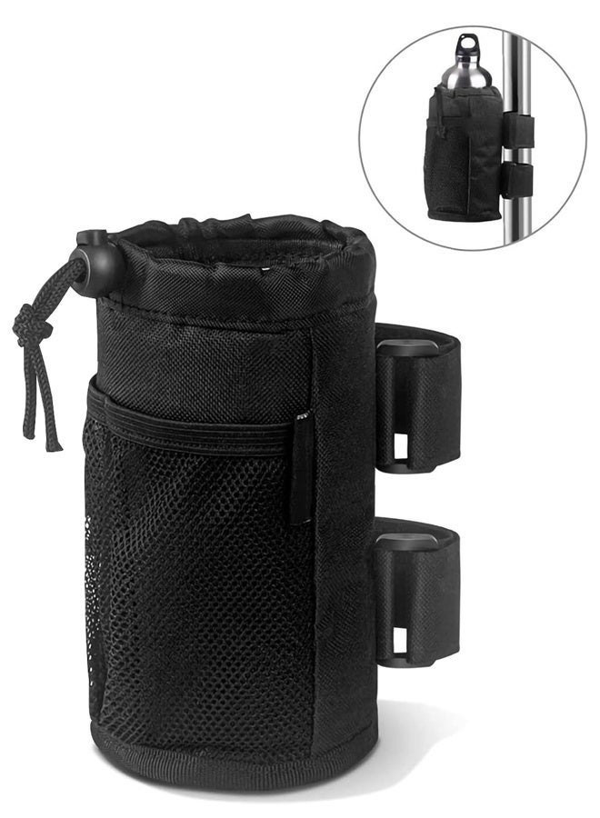 حامل أكواب الدراجة، حامل زجاجة مياه للدراجة، حامل مشروبات بمقود الدراجة مع جيوب شبكية وحقيبة هاتف للدراجات النارية والجبلية والقابلة للطي ودراجات الطرق والكراسي المتحركة، لون أسود - Image 1