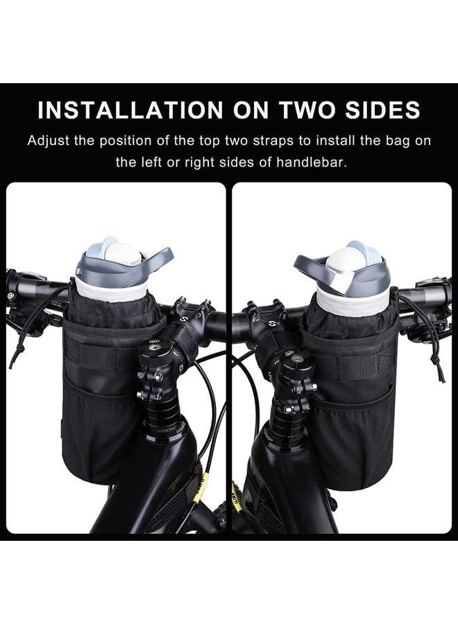 حامل أكواب الدراجة، حامل زجاجة مياه للدراجة، حامل مشروبات بمقود الدراجة مع جيوب شبكية وحقيبة هاتف للدراجات النارية والجبلية والقابلة للطي ودراجات الطرق والكراسي المتحركة، لون أسود - Image 3
