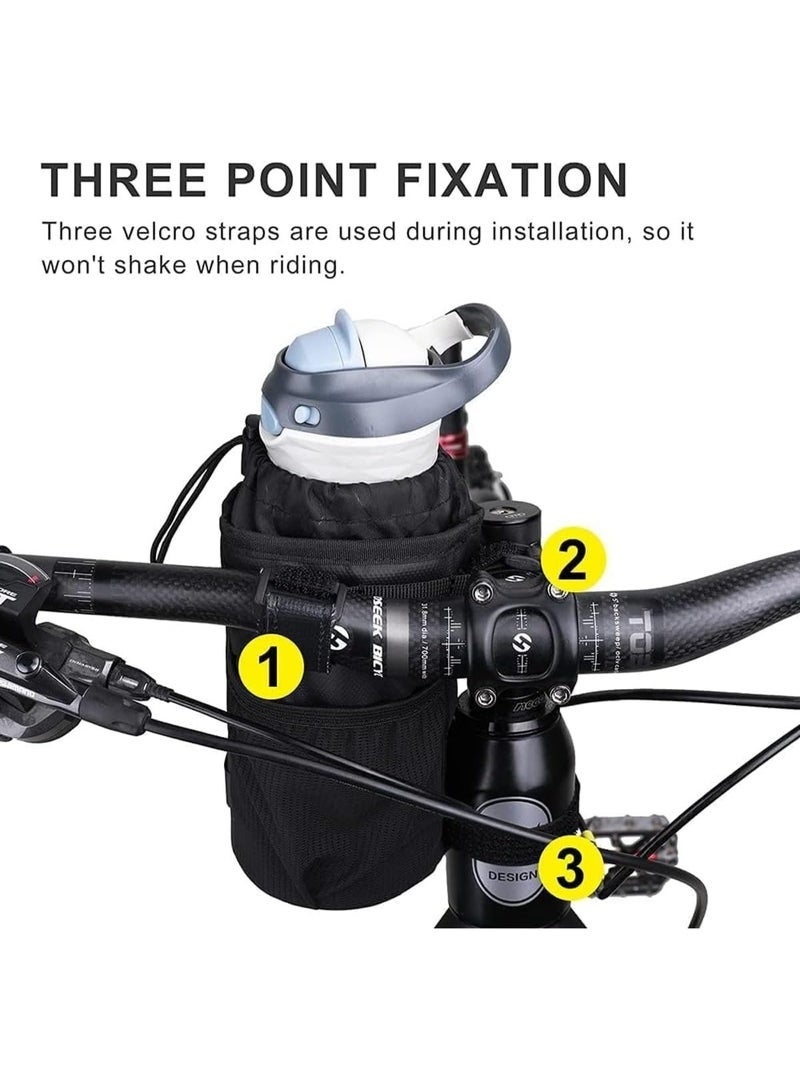 حامل أكواب الدراجة، حامل زجاجة مياه للدراجة، حامل مشروبات بمقود الدراجة مع جيوب شبكية وحقيبة هاتف للدراجات النارية والجبلية والقابلة للطي ودراجات الطرق والكراسي المتحركة، لون أسود - Image 2
