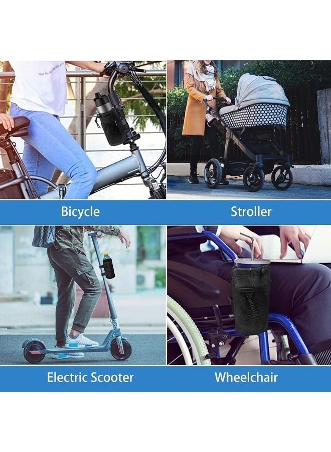 حامل أكواب الدراجة، حامل زجاجة مياه للدراجة، حامل مشروبات بمقود الدراجة مع جيوب شبكية وحقيبة هاتف للدراجات النارية والجبلية والقابلة للطي ودراجات الطرق والكراسي المتحركة، لون أسود - Image 4