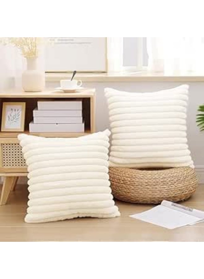 Plush faux fur cushion covers, creamy white color, 45 x 45 cm, set of 2, with a luxurious striped design for sofas and living rooms.