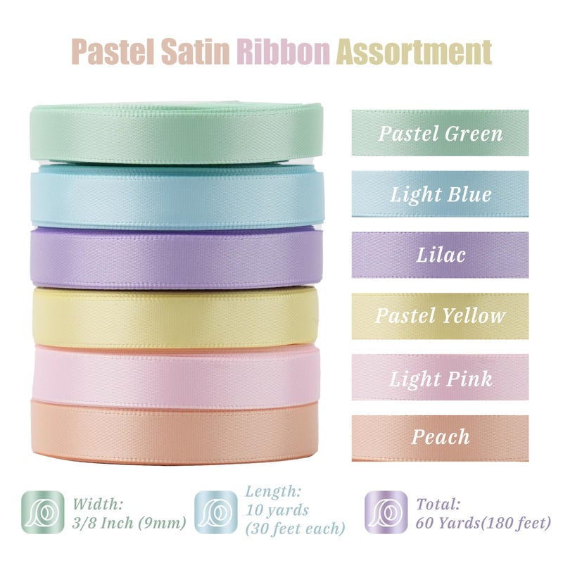 DINDOSAL Pastel Ribbon for Crafts Pastel Rainbow Ribbon 3/8" Double Face Satin 6 Rolls Assortment Thin for Gift Wrapping,Wedding Party Decorations - 60Yards - Image 2