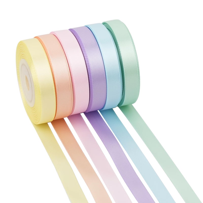DINDOSAL Pastel Ribbon for Crafts Pastel Rainbow Ribbon 3/8" Double Face Satin 6 Rolls Assortment Thin for Gift Wrapping,Wedding Party Decorations - 60Yards - Image 1