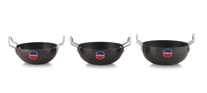 TOSAA Nonstick Hard Anodised Serving Kadhai 3Pc Set- 340, Ml, 360, 375Ml Capacity, Black - Image 2