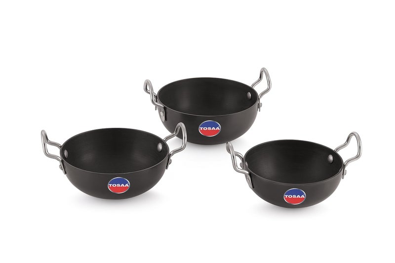 TOSAA Nonstick Hard Anodised Serving Kadhai 3Pc Set- 340, Ml, 360, 375Ml Capacity, Black - Image 1