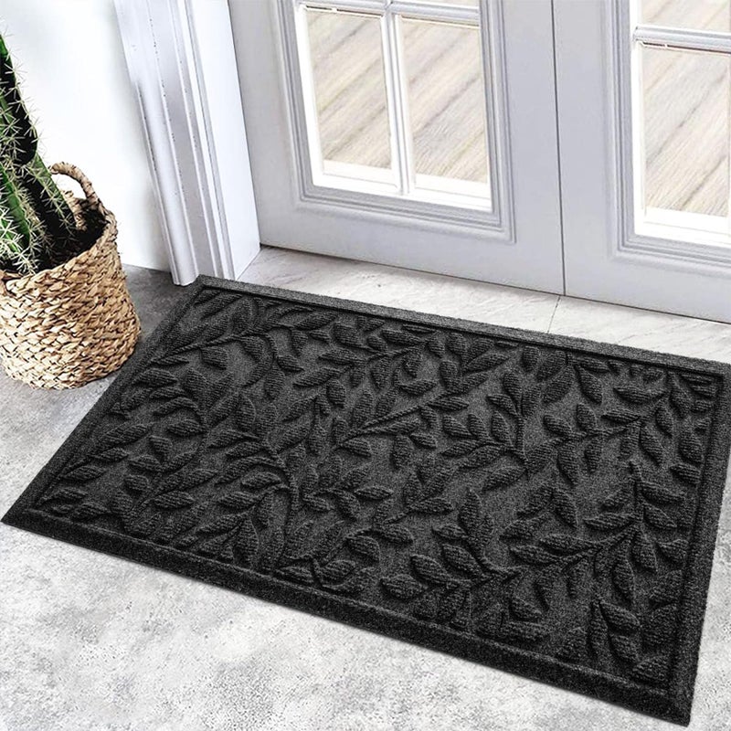 Bulijojo Sturdy Front Entrance DoormatsDurable Heavy Duty Welcome MatThick Absorbent Natural Rubber Non Slip MatEasy Clean Entryway Mat 17x30 Inch Leaves Black - Image 2