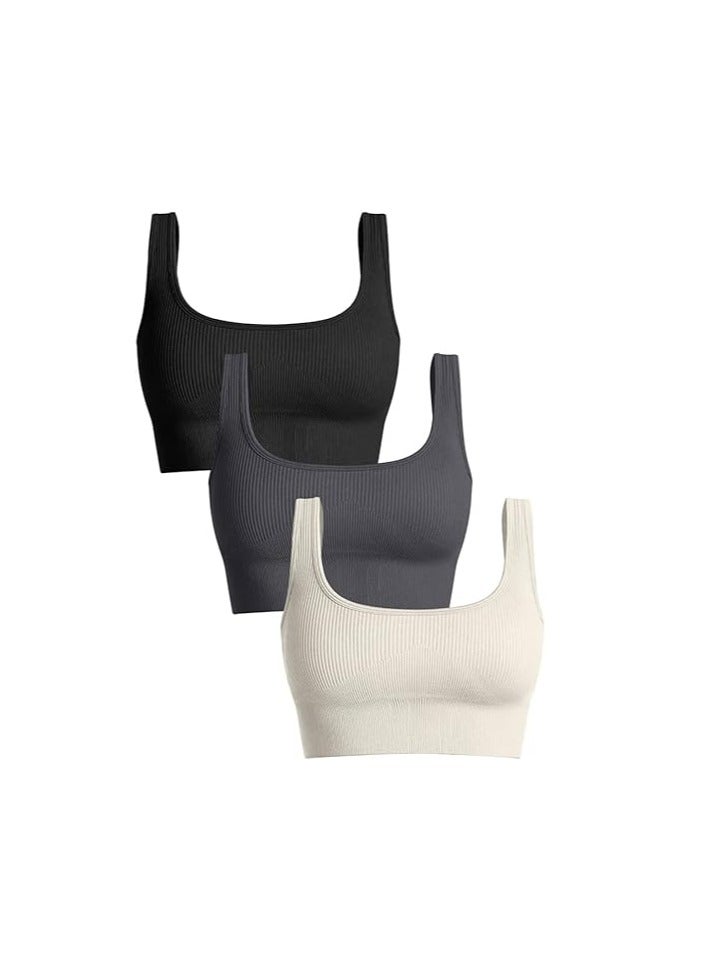 Women's 3 Piece Medium Support Tank Top Ribbed Seamless Removable Cups Workout Exercise Sport Bra
