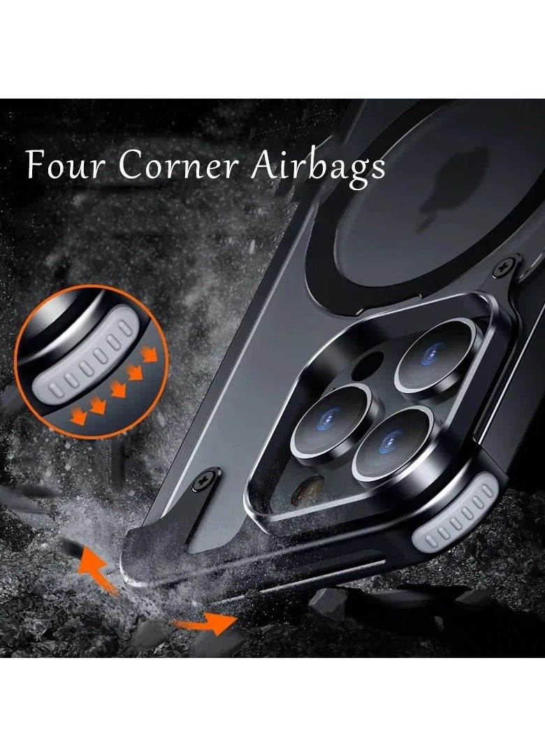 فوكس جراب معدني بدون إطار لهاتف iPhone 15 Pro max مع حامل Magsafe، نحيف صلب مقاوم للصدمات - أسود - Image 4