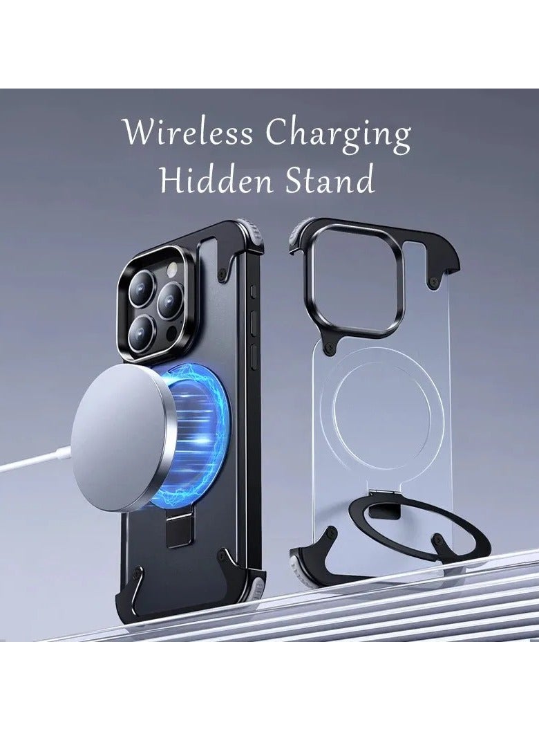 فوكس جراب معدني بدون إطار لهاتف iPhone 15 Pro max مع حامل Magsafe، نحيف صلب مقاوم للصدمات - أسود - Image 3