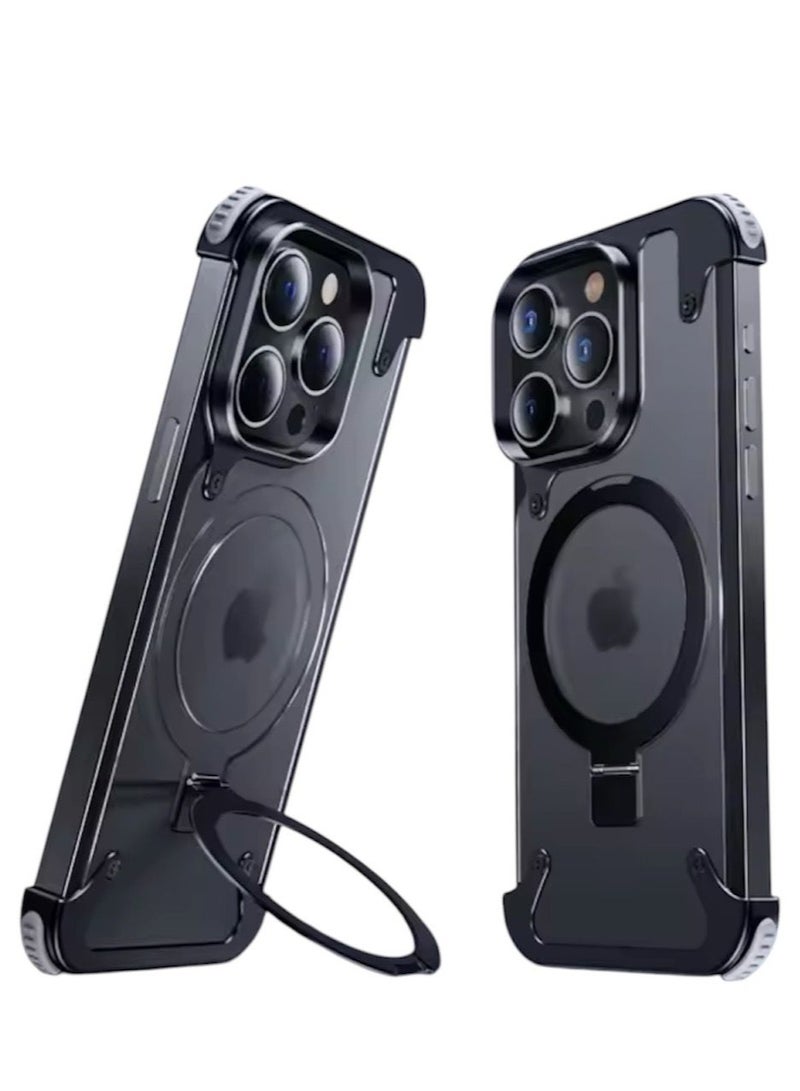 فوكس جراب معدني بدون إطار لهاتف iPhone 15 Pro max مع حامل Magsafe، نحيف صلب مقاوم للصدمات - أسود - Image 1