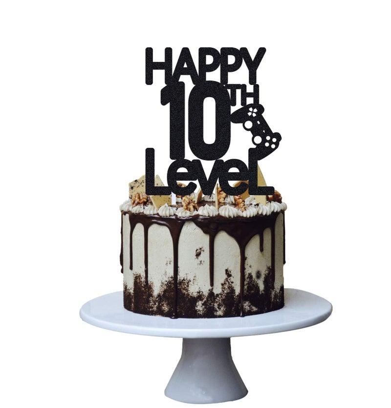 Festiko®Level 10th Birthday Cake Topper for Boy Ten Video Game Theme Party Decoration, Handmade (Black - Image 1