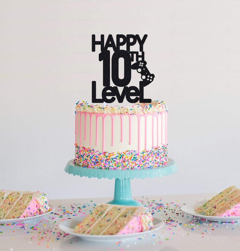 Festiko®Level 10th Birthday Cake Topper for Boy Ten Video Game Theme Party Decoration, Handmade (Black - Image 4