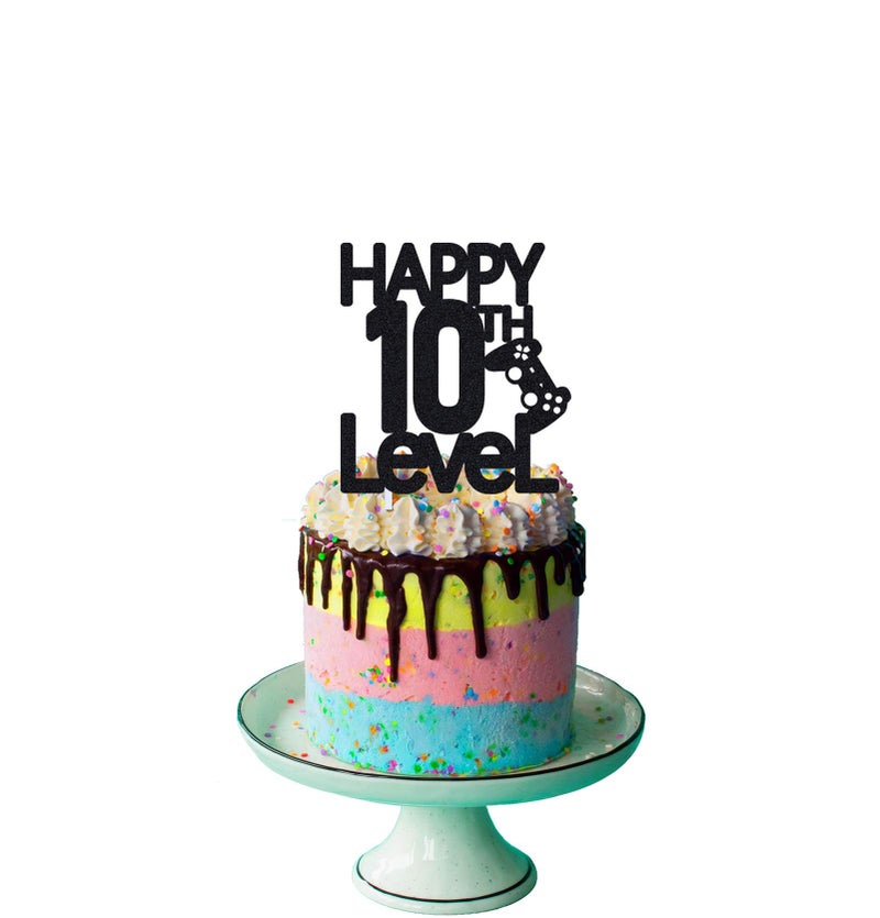 Festiko®Level 10th Birthday Cake Topper for Boy Ten Video Game Theme Party Decoration, Handmade (Black - Image 2