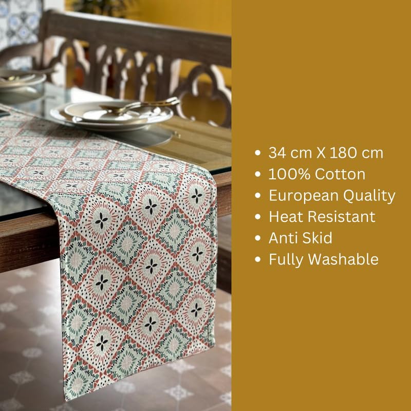 Oak & Lily Oak Lily Table Runner in Multicolour Ethnic Print 100 Cotton Washable AntiSkid European Quality 34x180 cm Ideal for 4 Seater 6 Seater Dining and Center Tables - Image 2