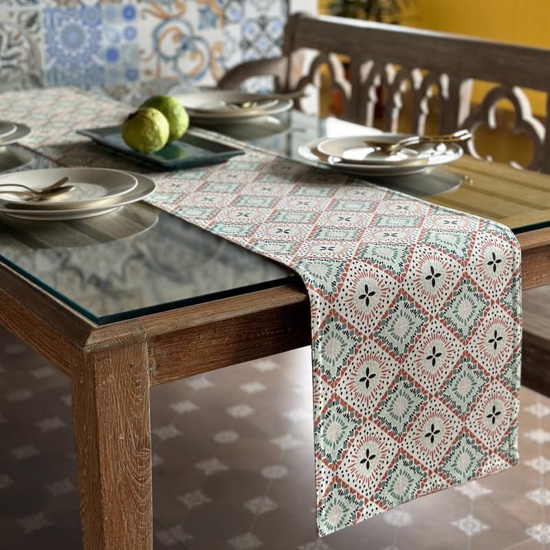 Oak & Lily Oak Lily Table Runner in Multicolour Ethnic Print 100 Cotton Washable AntiSkid European Quality 34x180 cm Ideal for 4 Seater 6 Seater Dining and Center Tables - Image 1
