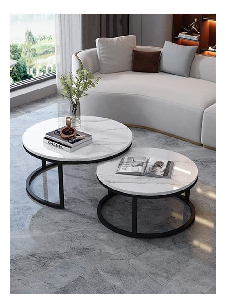 AGD Modern Nesting Round Coffee Table Set of 2 Pieces for Living Room Balcony Garden Etc, Round Coffee Table with Solid Metal Frame Black/White - Image 4