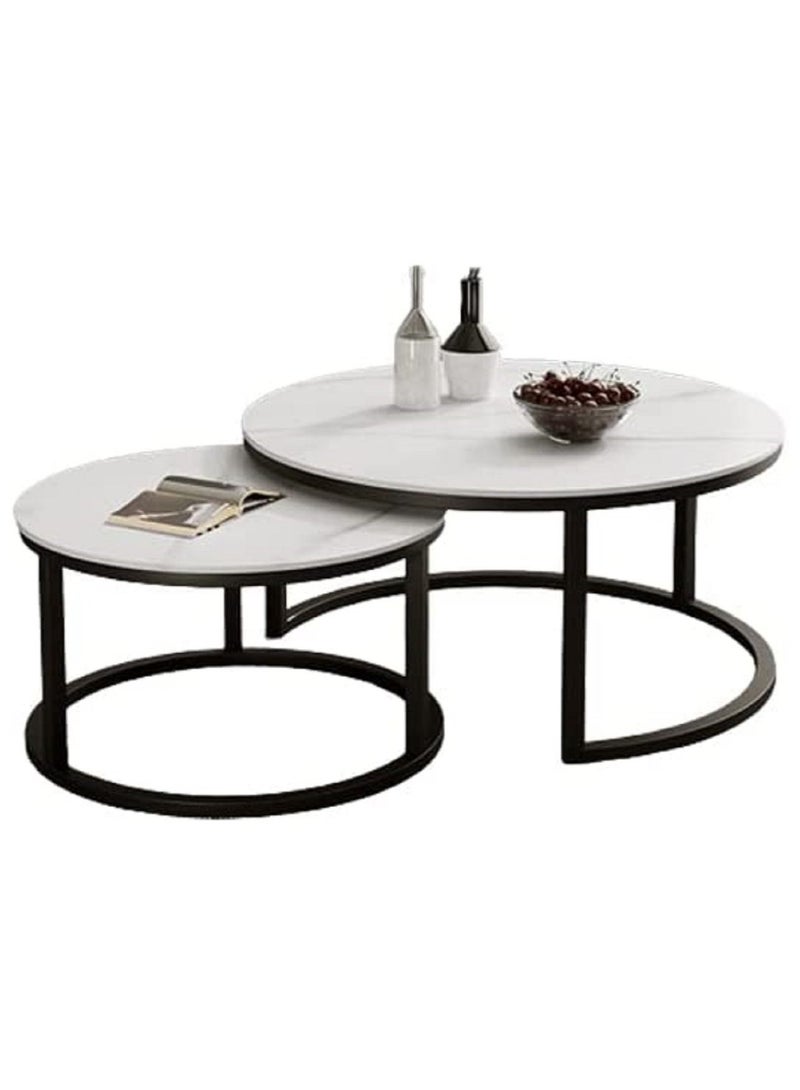 AGD Modern Nesting Round Coffee Table Set of 2 Pieces for Living Room Balcony Garden Etc, Round Coffee Table with Solid Metal Frame Black/White - Image 3