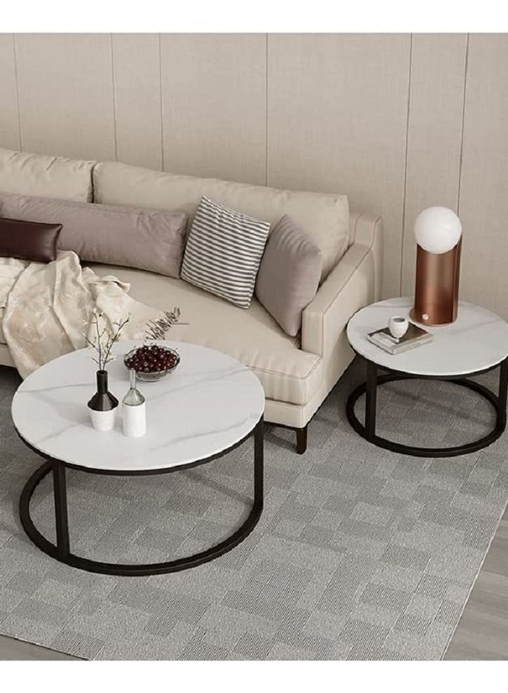 AGD Modern Nesting Round Coffee Table Set of 2 Pieces for Living Room Balcony Garden Etc, Round Coffee Table with Solid Metal Frame Black/White - Image 5
