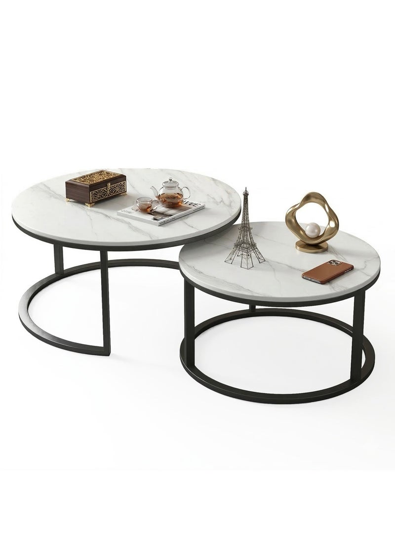 AGD Modern Nesting Round Coffee Table Set of 2 Pieces for Living Room Balcony Garden Etc, Round Coffee Table with Solid Metal Frame Black/White - Image 2