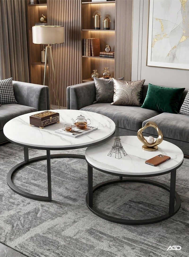 AGD Modern Nesting Round Coffee Table Set of 2 Pieces for Living Room Balcony Garden Etc, Round Coffee Table with Solid Metal Frame Black/White - Image 1