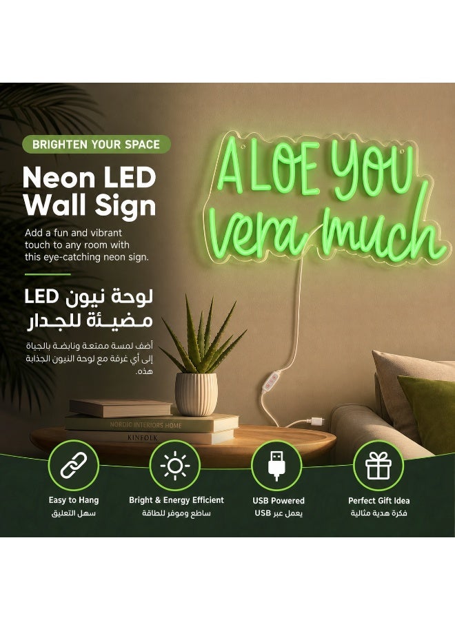 لوحة نيون خضراء "ALOE YOU VERA MUCH" تعمل بمنفذ USB - ديكور منزلي مضحك لغرفة النوم، هدية مثالية لعشاق النباتات. - Image 2