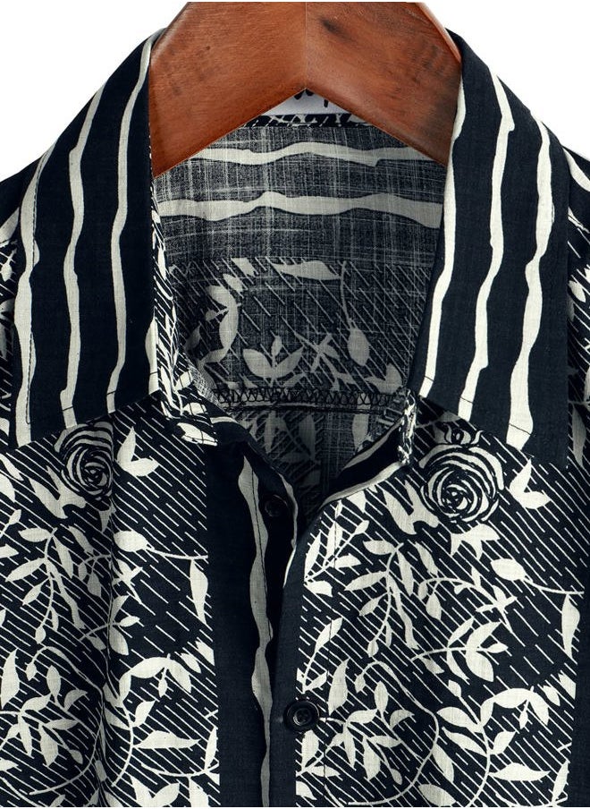 VATPAVE Mens Casual Hawaiian Floral Shirts Short Sleeve Button Down Tropical Shirts Beach Summer Shirts Medium Black Beige  - Image 3