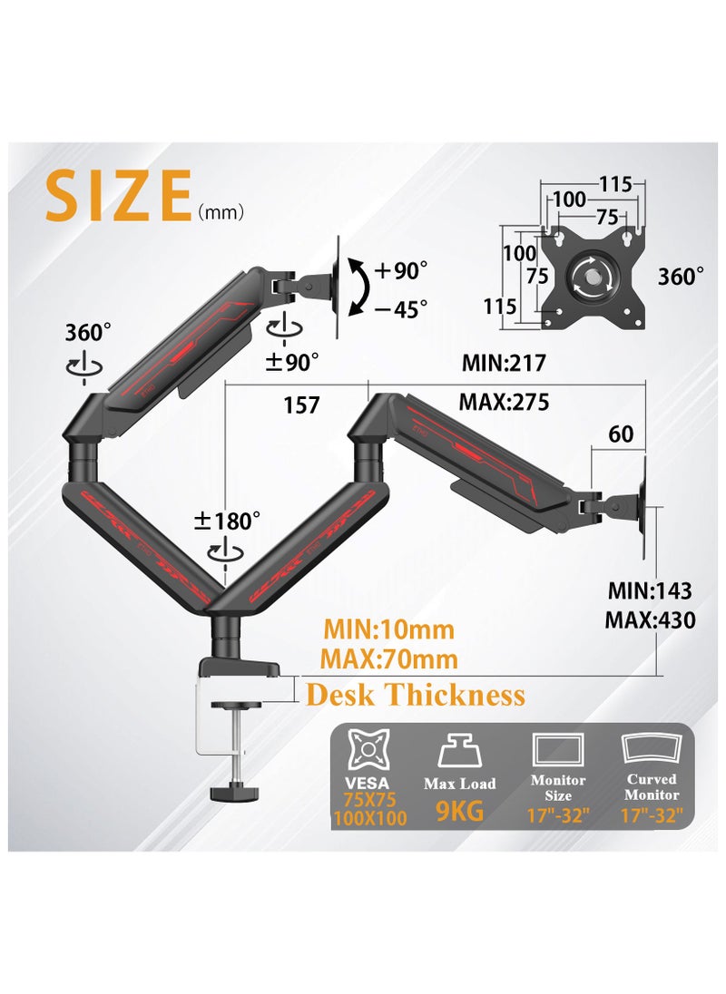 ETHU ETHU Dual Monitor Arm, Adjustable Gas Spring Monitor Stang Support 13-32 Inch and 9kg Screen, Full Motion Computer Monitors Mount, LED/LCD Display Arm, VESA Pattern 75x75/100x100 Dual Arm Black  - Image 2