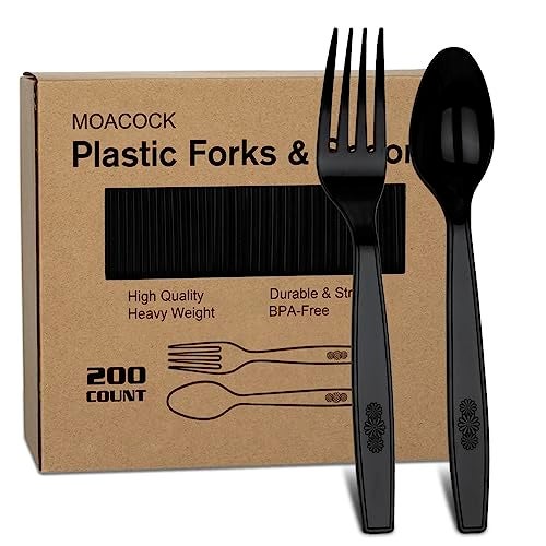 MOACOCK 200 Count Black Plastic Silverware, Heavy Weight Plastic Forks Spoons, Disposable Utensils Cutlery Set for Wedding Party Supplies Everyday Use - Image 3