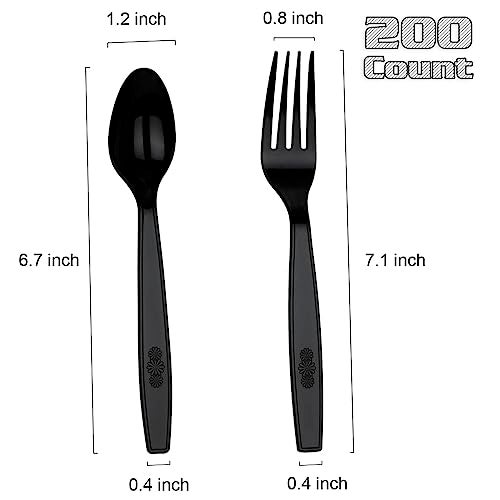 MOACOCK 200 Count Black Plastic Silverware, Heavy Weight Plastic Forks Spoons, Disposable Utensils Cutlery Set for Wedding Party Supplies Everyday Use - Image 2