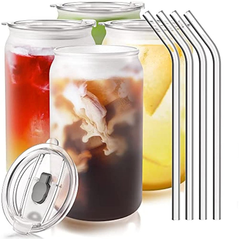 KAHAAN Round Glass Green Tea and Cold Coffee Can Mug with Lid and Straw Set of 2350 ml for Beer Soda Drinking Fruit Juice Milk Glass Sipper Tumbler Cup Clear - Image 1