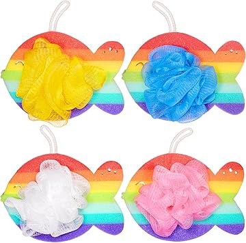 BRUBAKER Set of 4 Bath Sponge Shower Sponge Rainbow Fish Soap Sponge 09 oz 25 g Bath Sponge for Children and Adults Gentle Exfoliating Sponge Wash Sponge Colourful incl Gift Box - Image 1