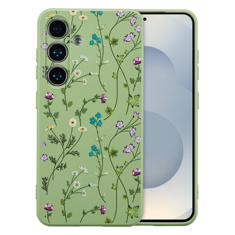 RALEAVO Case for Samsung Galaxy S24,Cute Floral Cover with Flower Branch Pattern Liquid Silicone Phone Cover for Girls Women Slim Soft Rubber Protective for S24 Phone Case,Green - Image 1