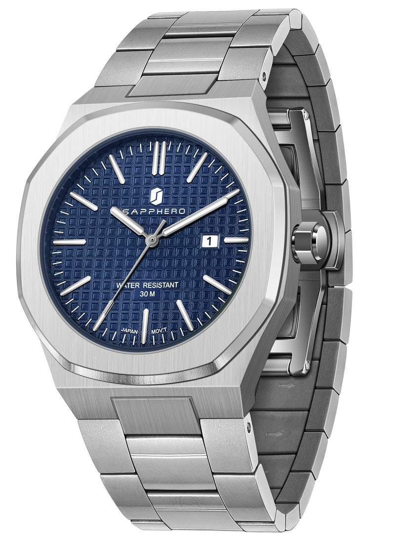 SAPPHERO الرجال ساعة ثمانية زاوية الفولاذ المقاوم للصدأ 30M الماء مضيئة ساعة المعصم الفاخرة التناظرية ساعة الكوارتز للرجال مع تاريخ أنيق الرجال - Image 1